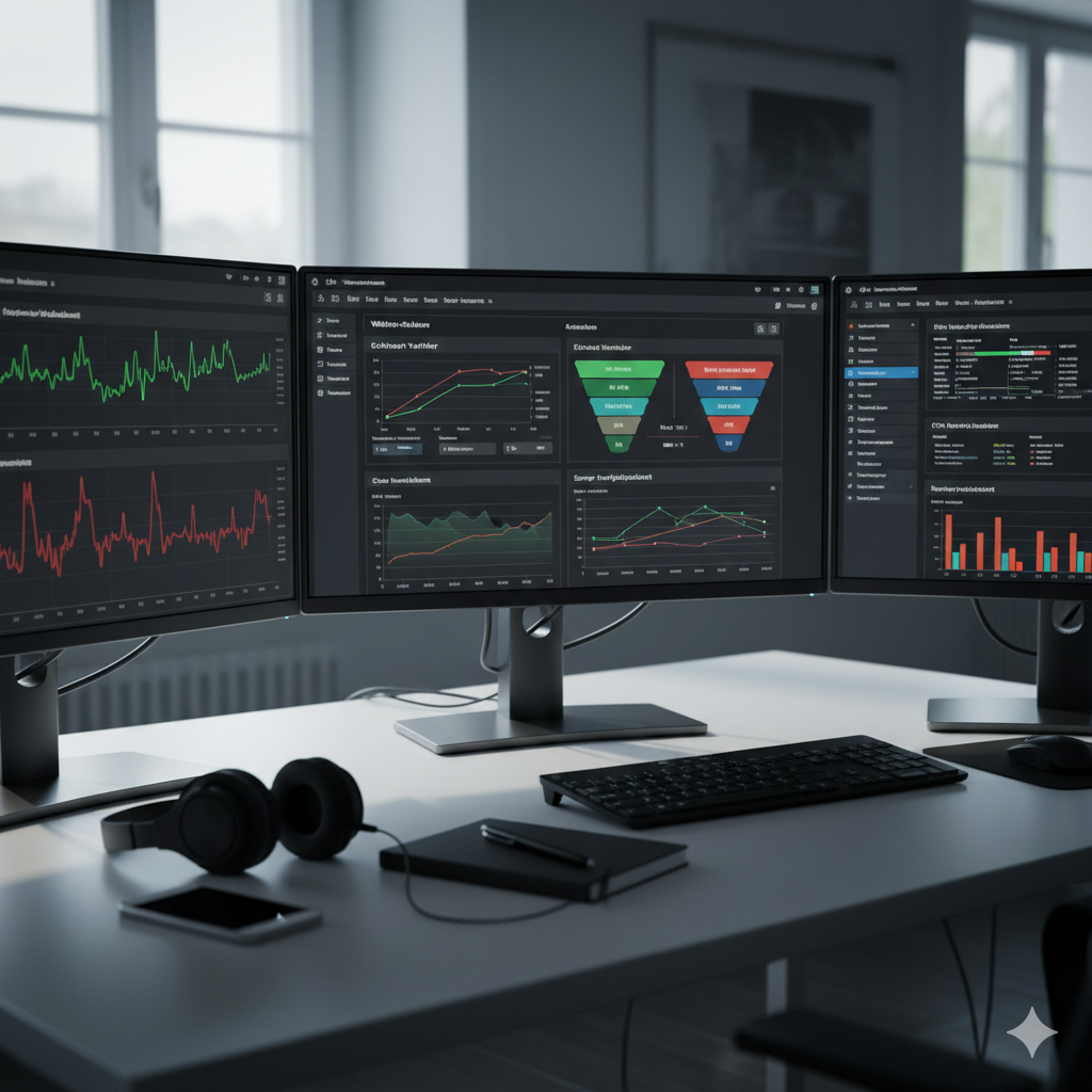 Dashboards mit Anfrage-Funnel auf mehreren Bildschirmen im Agenturbüro