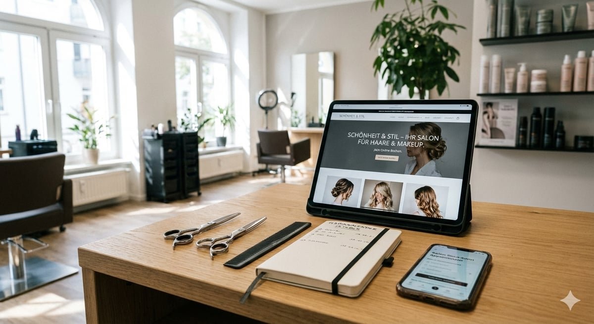 Website eines Friseursalons auf einem Tablet am Empfang