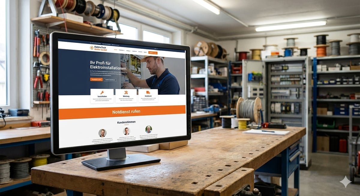 Moderne Website eines Elektrobetriebs auf einem Bildschirm in der Werkstatt